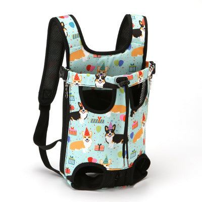 Soft pet chest bag in black, blue denim, beige corgi, light green corgi, and flamingo colors with multiple size options S to XXL