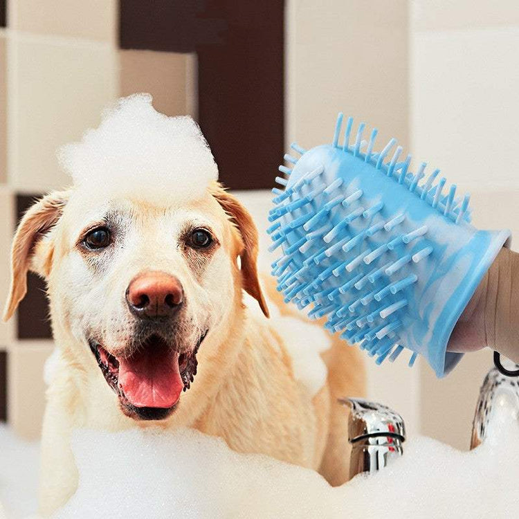 2 in 1 dog paw cleaner cup with silicone bristles for washing and grooming pets, portable pet foot washer brush in blue rubber material