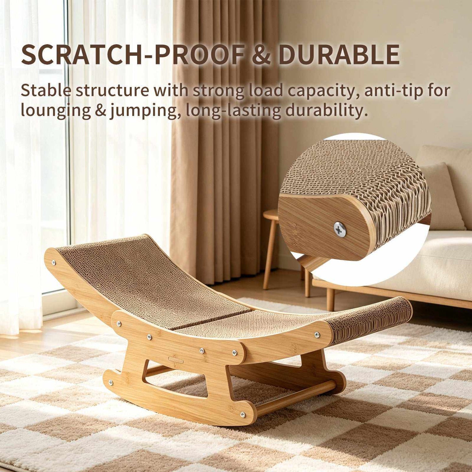 PetZen 2-in-1 cat rocking scratcher lounge chair with natural cardboard and wooden frame
