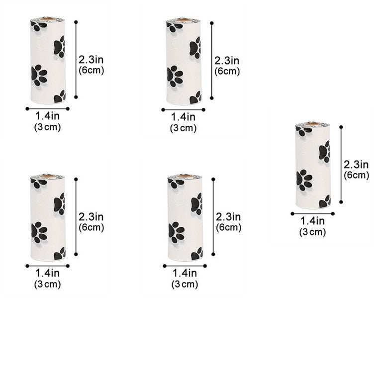 Biodegradable dog poop bags on continuous rolls in green, pink, and white colors with optional dispensers for pet waste cleanup