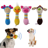 Colorful plush pet toys chew squeaker for dogs and cats in blue, yellow, pink, and coffee colors
