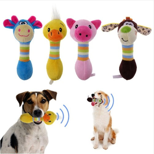 Colorful plush pet toys chew squeaker for dogs and cats in blue, yellow, pink, and coffee colors