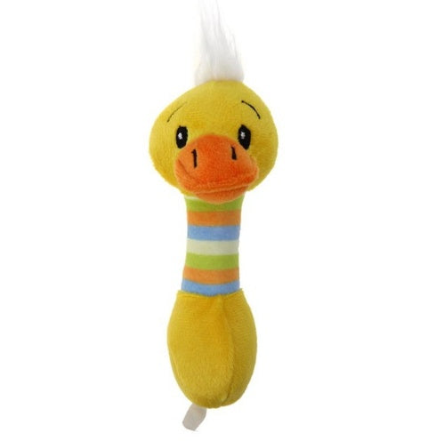 Colorful plush pet toys chew squeaker for dogs and cats in blue, yellow, pink, and coffee colors.
