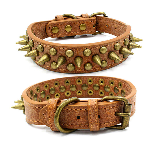 Bronze pointed rivet pet collar made of PU with zinc alloy hardware shown in multiple sizes