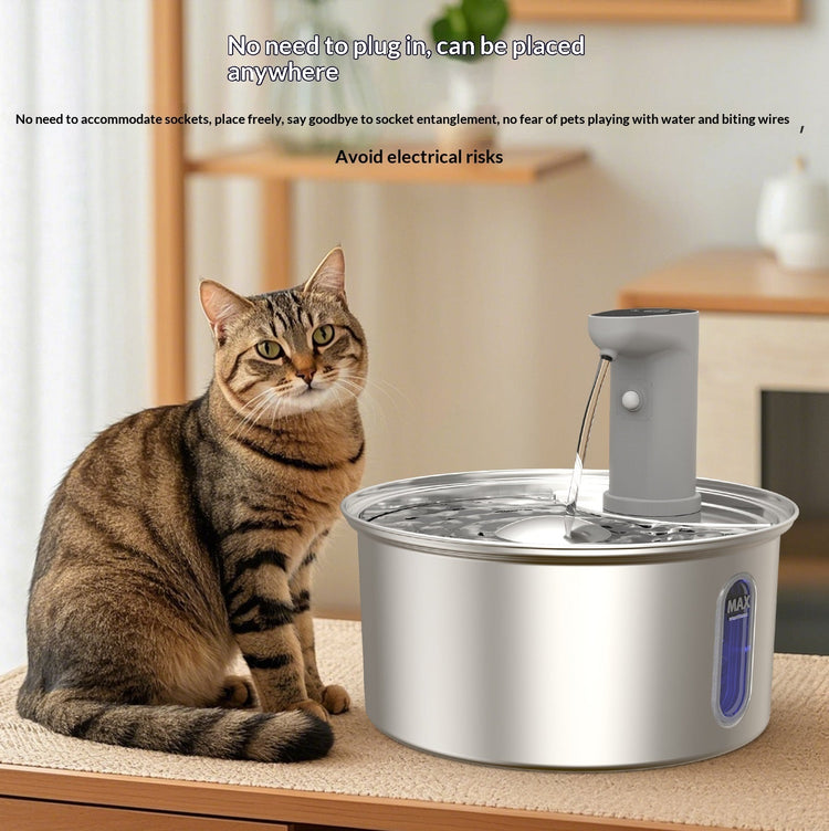 Round stainless steel cat water fountain with USB and removable parts for pets