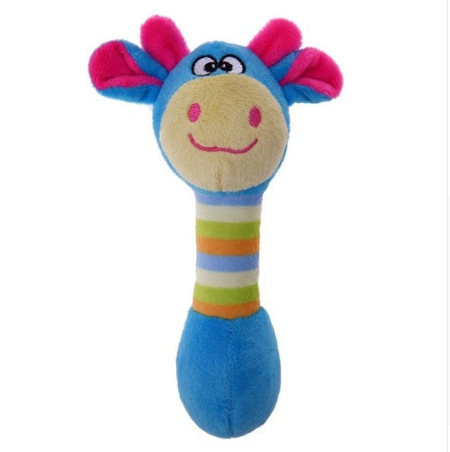 Plush pet chew squeaker toys in blue, yellow, pink, and coffee colors for dogs and cats