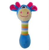 Plush pet chew squeaker toys in blue, yellow, pink, and coffee colors for dogs and cats
