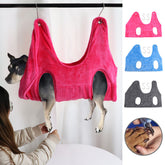Blue pet grooming hammock helper restraint bag with S-shaped hooks for fur care in multiple sizes
