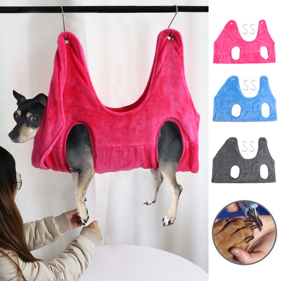 Blue pet grooming hammock helper restraint bag with S-shaped hooks for fur care in multiple sizes