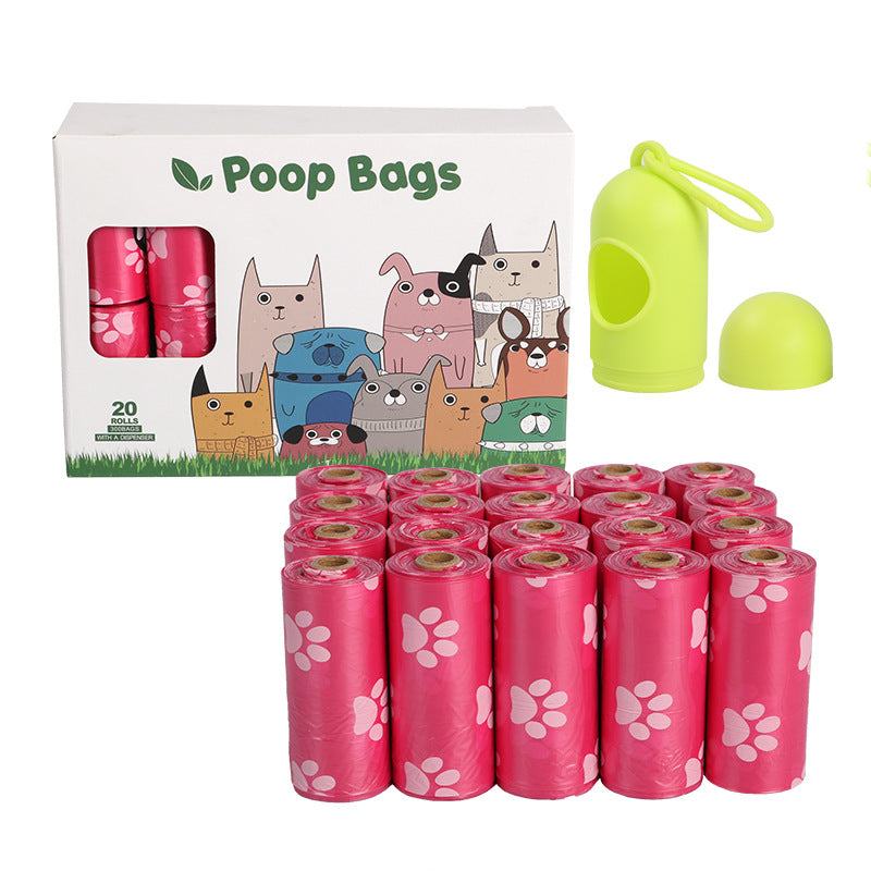 Roll of biodegradable green dog poop bags for pet waste disposal
