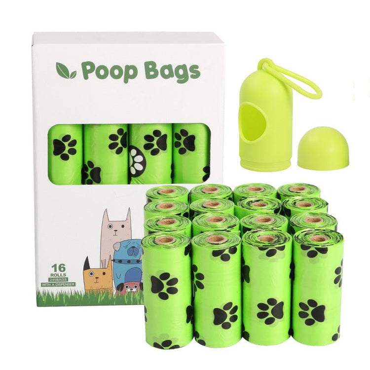 Rolls of green dog poop bags made from biodegradable HDPE and EPI material
