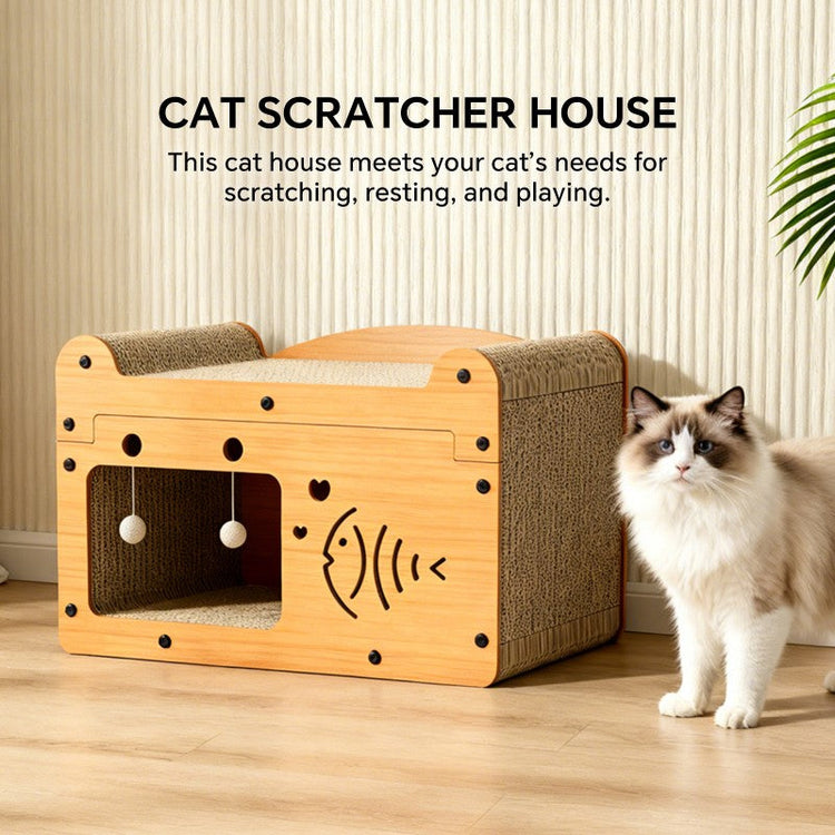 56cm bubble fish shape cat scratcher sofa with two teaser balls and wood corrugated claw care toy