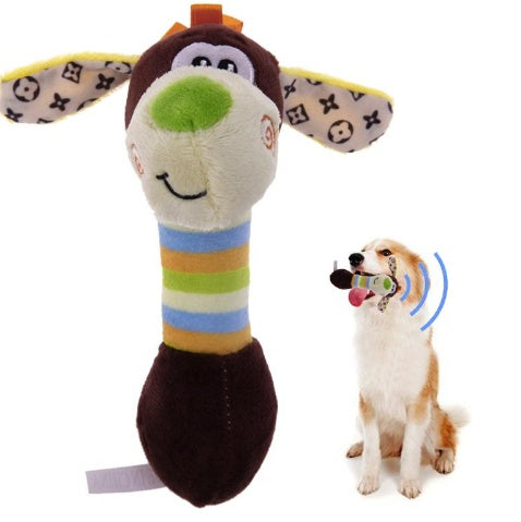 Colorful plush pet toys chew squeaker for dogs and cats in blue, yellow, pink, and coffee colors