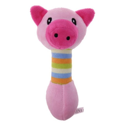 Colorful plush pet toys chew squeaker for dogs and cats in blue, yellow, pink, and coffee colors