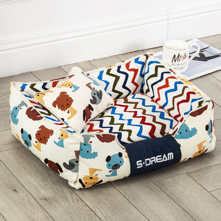 Removable and washable large dog cat bed mat in brown and yellow canvas fabric for winter use