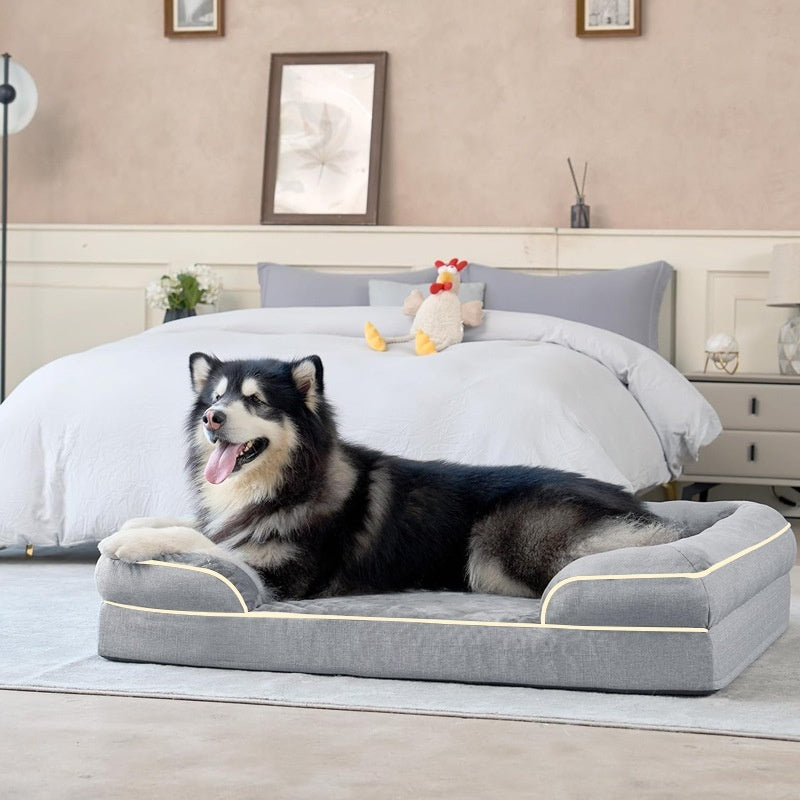 Gray and khaki pet sofa bed for medium to large dogs, removable and washable dog mat
