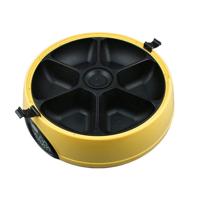 Pet Automatic Feeding Machine with 6 meal compartments and voice recording feature in yellow color