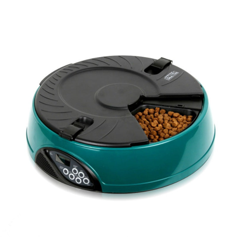 Pet automatic feeding machine with six food storage slots and digital display in multiple colors