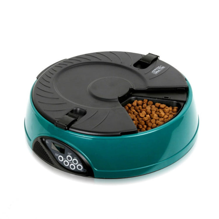 Pet automatic feeding machine with six food storage slots and digital display in multiple colors