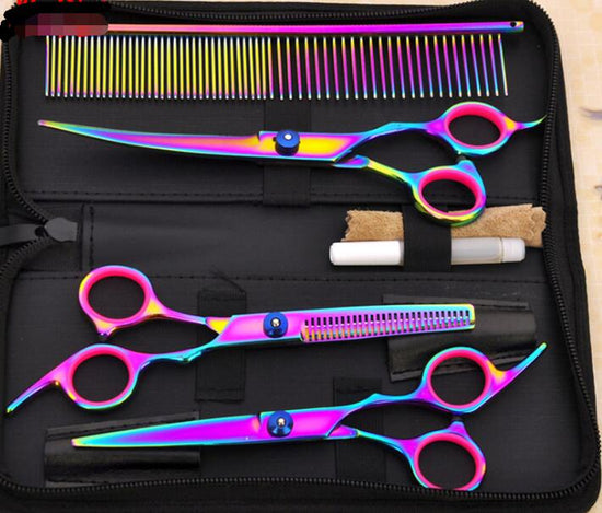 Professional pet grooming scissors set with bending, flat, and tooth shears for dogs, made from durable 4CR steel