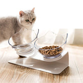 Transparent non slip double cat bowl with raised stand and 15-degree tilt for pet neck protection