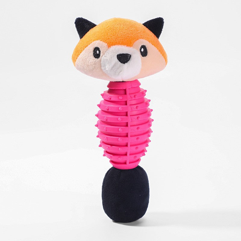 PetZen Chew & Squeak Plush Dog Toy showing six animal designs with dual plush and TPR materials and squeaker inside