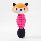 PetZen Chew & Squeak Plush Dog Toy showing six animal designs with dual plush and TPR materials and squeaker inside