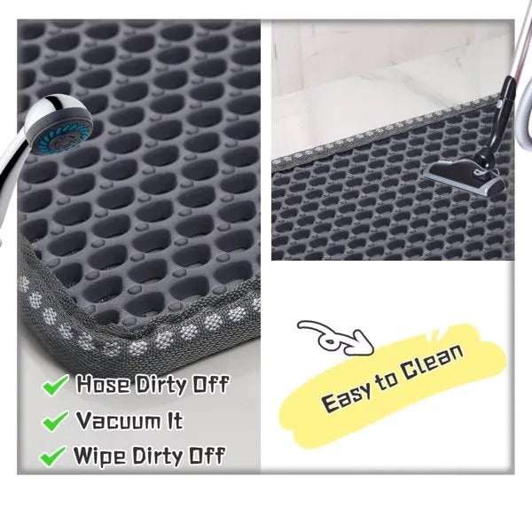 Grey double-layer cat litter mat with rice shape design for effective litter trapping and waterproof protection