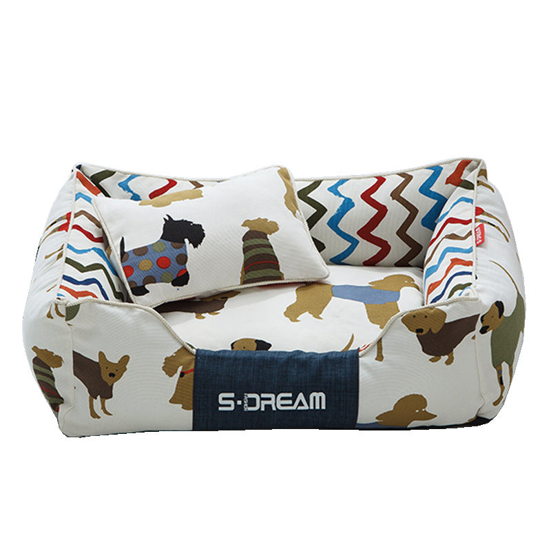 Large removable and washable dog cat bed with pillow in brown and yellow colors for winter use