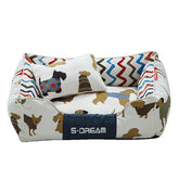Large removable and washable dog cat bed with pillow in brown and yellow colors for winter use