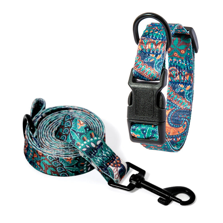 Colorful dog collar made of network silk and polyester on a wooden background