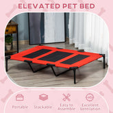 Red XL elevated dog bed with metal frame and breathable mesh for indoor and outdoor use