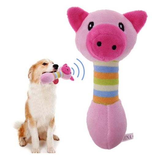 Colorful plush pet toys chew squeaker for dogs and cats in blue, yellow, pink, and coffee colors