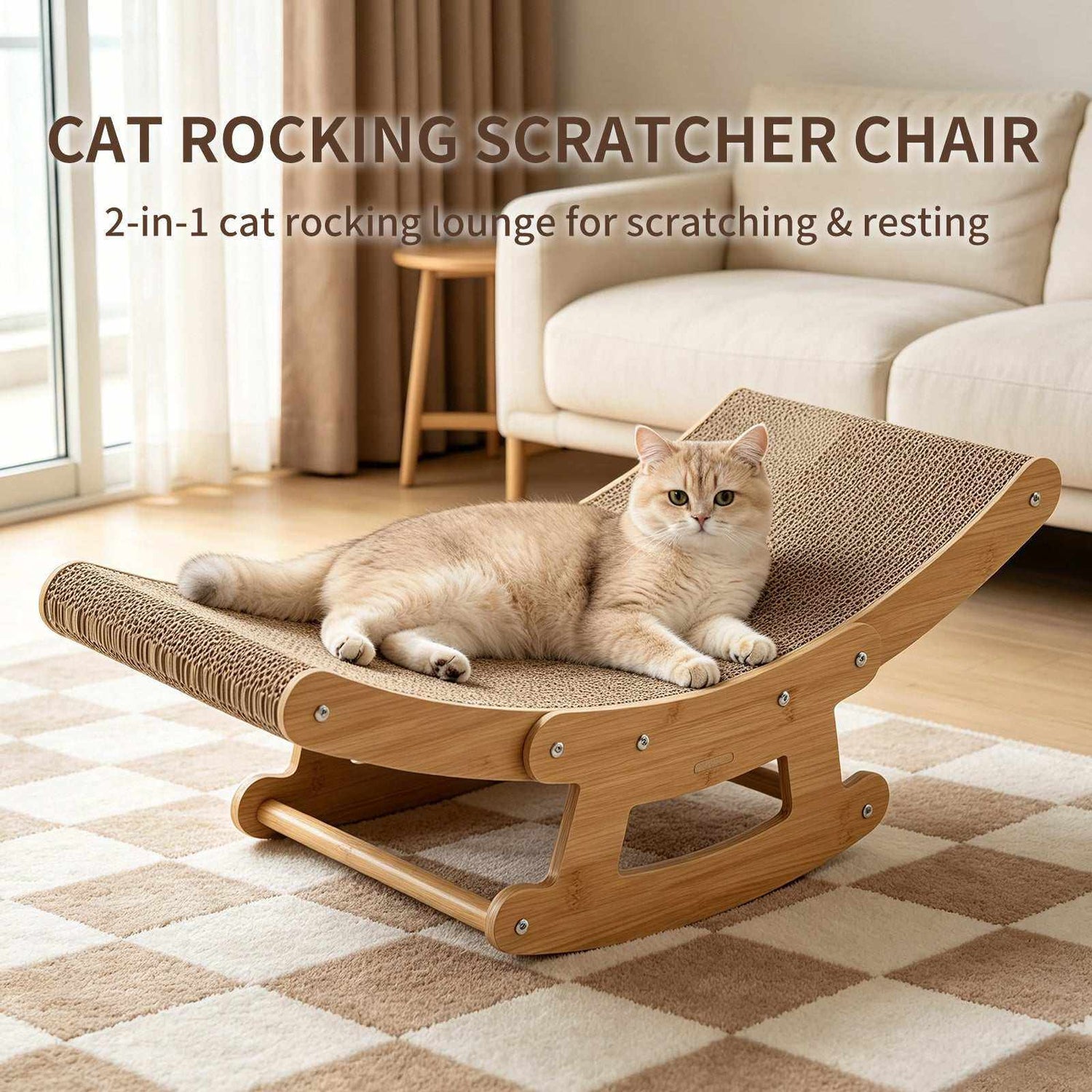 PetZen 2-in-1 cat rocking scratcher with corrugated cardboard and wooden frame for lounging and scratching