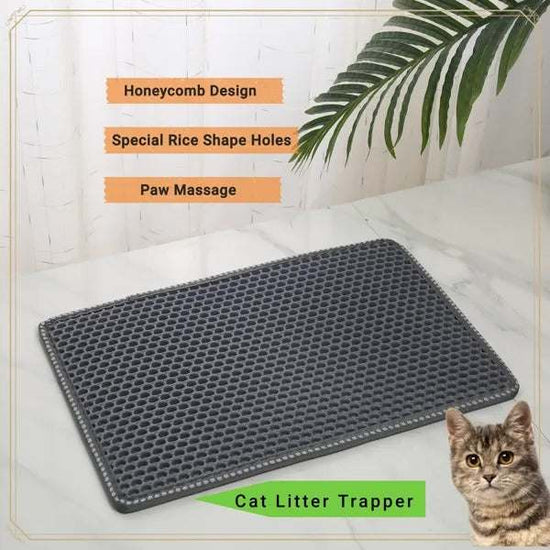 Grey double layer cat litter mat with unique trapping design for easy cleaning and floor protection