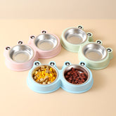Stainless steel pet double bowl for cat and dog feeding with water and food sections