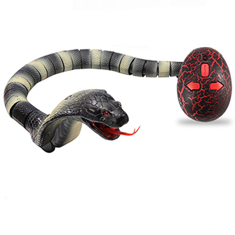 Black and gray snake-shaped remote control toy with USB charging cable and batteries on white background