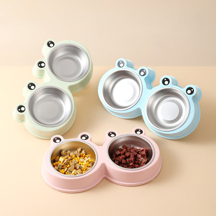 Stainless steel pet double bowl for cat and dog feeding with frog design