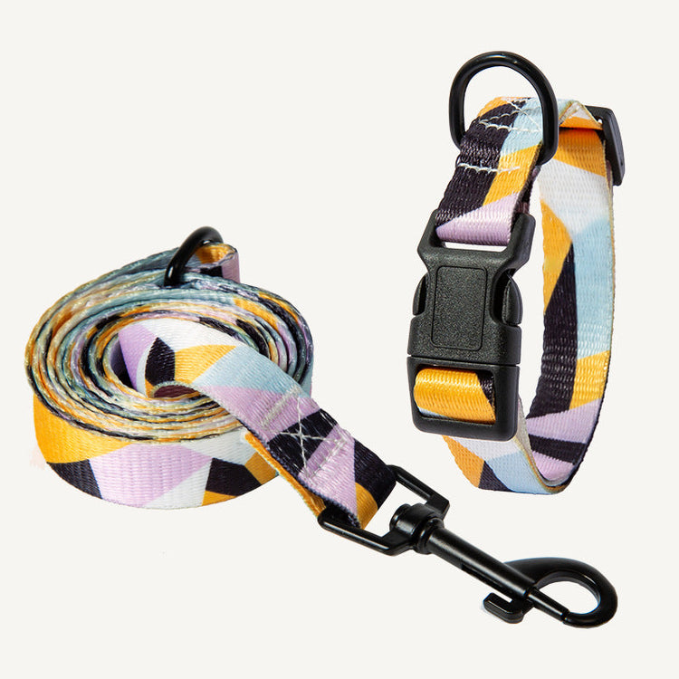 Colorful dog collar made of network silk and polyester displayed on a white background