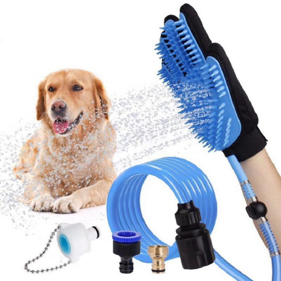 Blue handheld pet dog shower head with massage gloves and faucet adapters