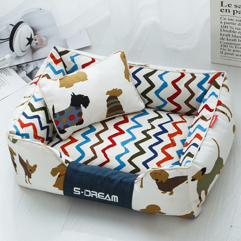 Removable washable large dog cat bed with pillow in brown and yellow colors for winter use