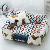 Removable washable large dog cat bed with pillow in brown and yellow colors for winter use
