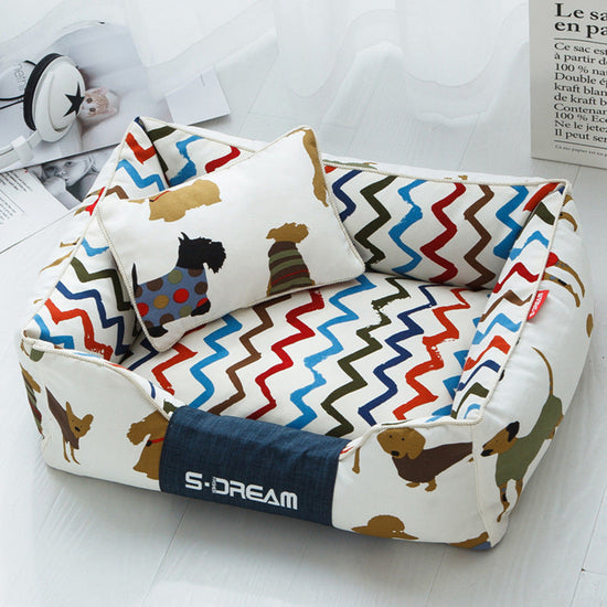 Removable washable large dog cat bed with pillow in brown and yellow colors for winter use