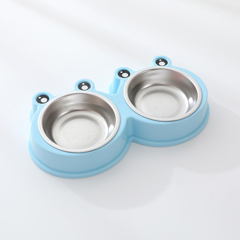 Stainless steel pet double bowl with frog design for cat and dog food and water feeding