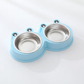 Stainless steel pet double bowl with frog design for cat and dog food and water feeding