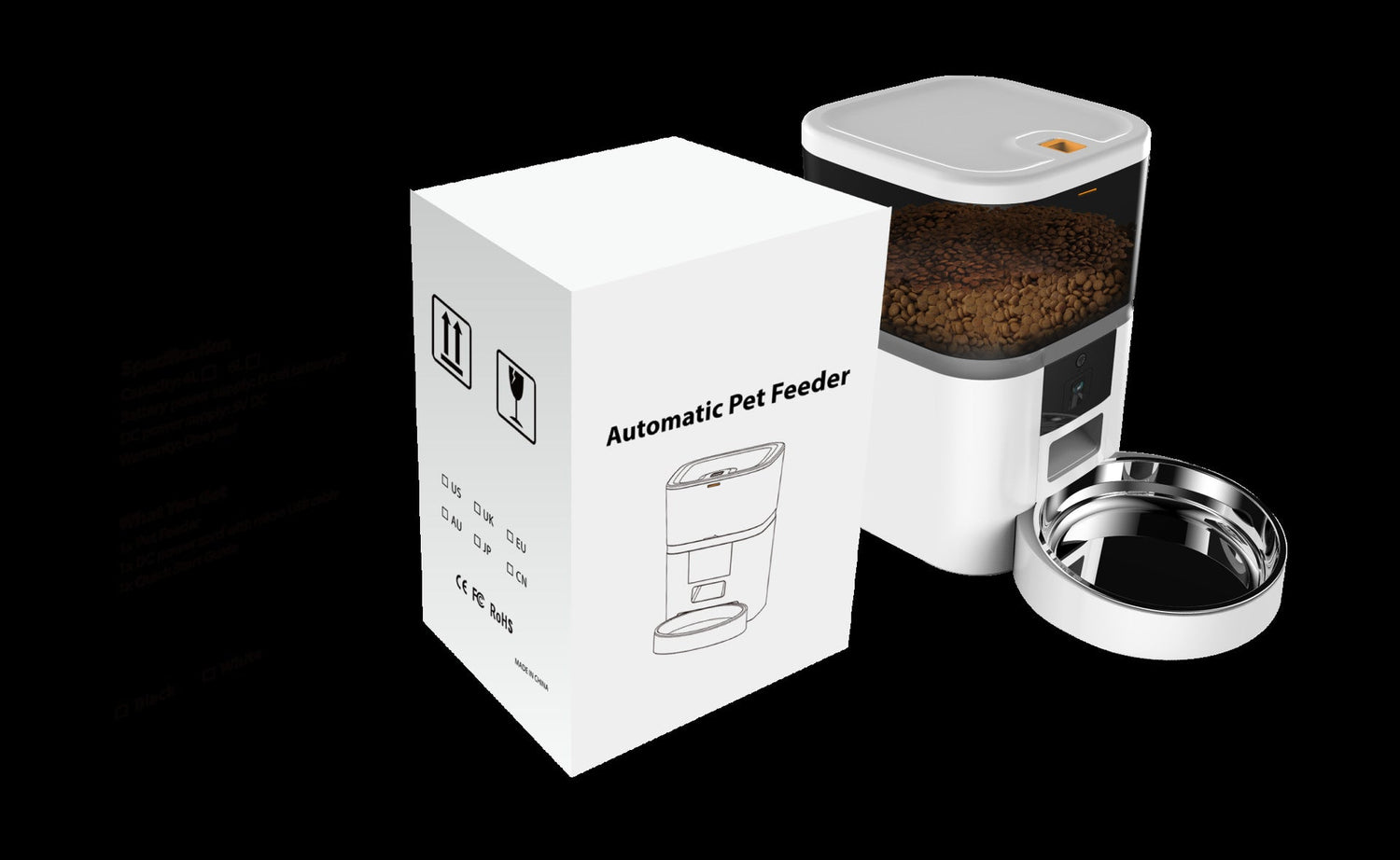 Video camera equipped pet feeder with adjustable performance in black and white colors for dogs and cats