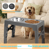 Gray stainless steel pet feeder with slow feeding bowl and lifting rack for dog neck protection