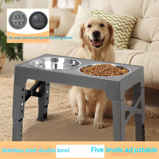 Gray stainless steel pet feeder with slow feeding bowl and lifting rack for dog neck protection