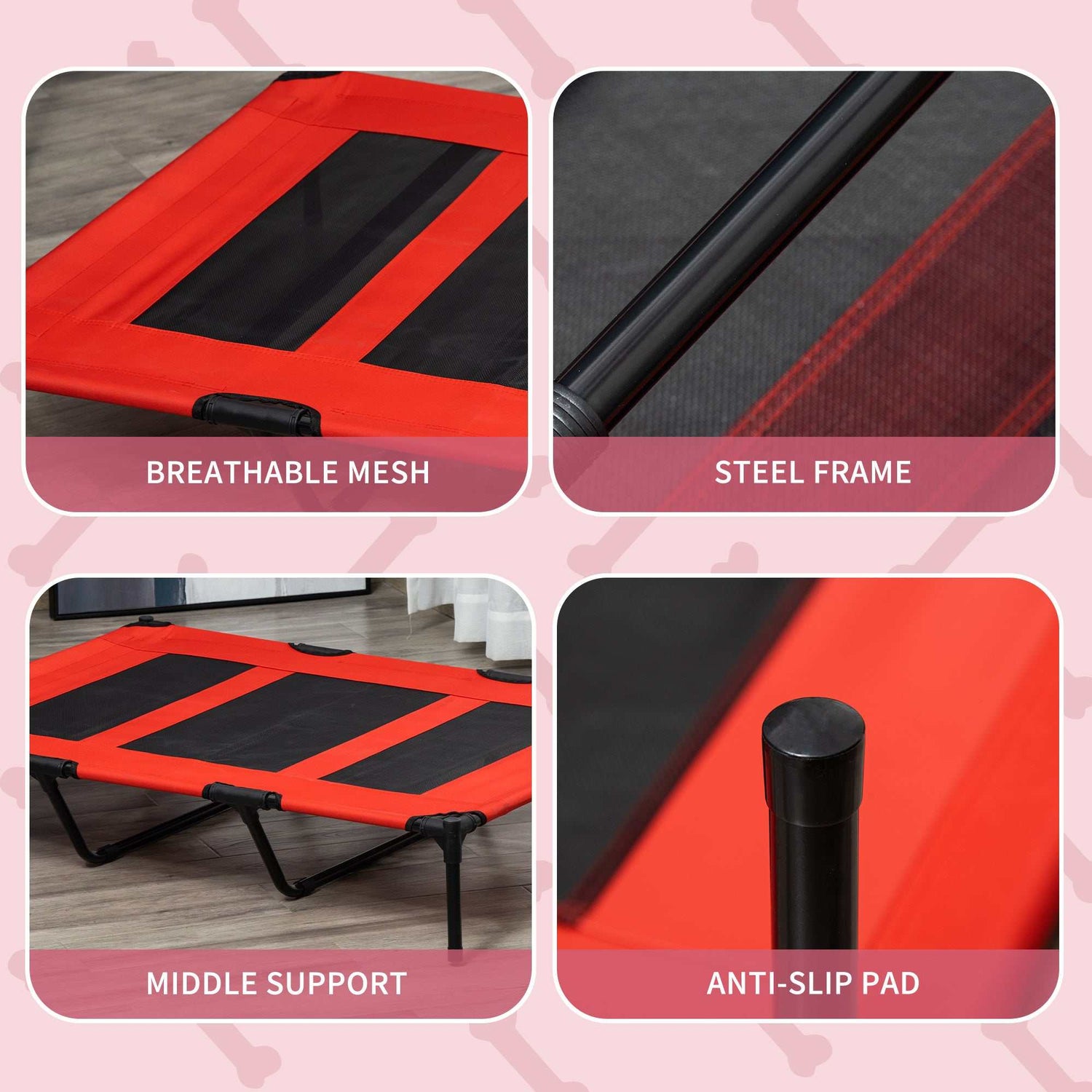 Red XL elevated dog bed with breathable mesh and metal frame for outdoor and indoor use
