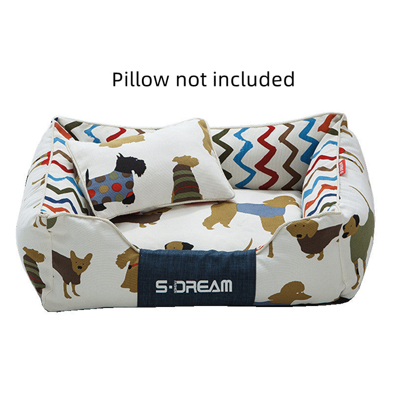 Large removable and washable dog cat bed mat in brown and yellow canvas and oxford cloth for winter pet comfort